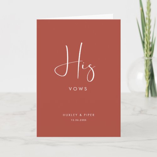 Elegant and modern Terracotta His vows booklet Card