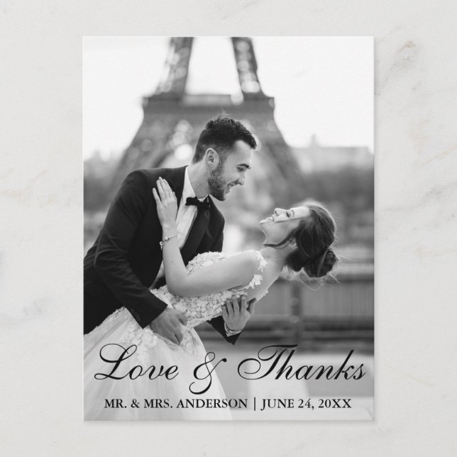 Elegant and Modern Wedding Photo Love and Thanks Postcard (Front)