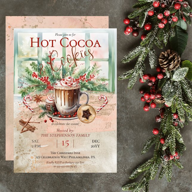 Elegant and Nostalgic Hot Cocoa and Cookies Party Invitation (Elegant and Nostalgic Hot Cocoa and Cookies Christmas Holiday Party Invitation)