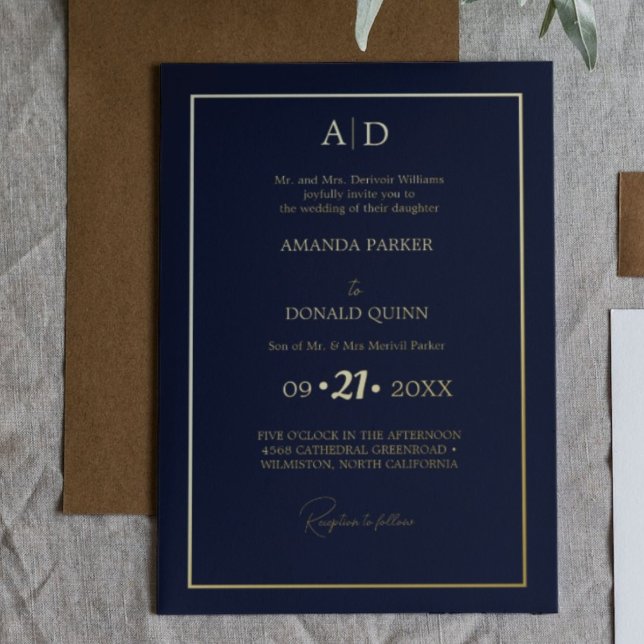 Elegant and Romantic Blue Navy Monogram Wedding Foil Invitation (Creator Uploaded)