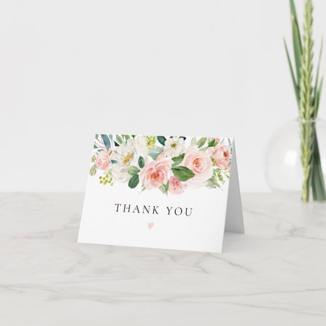 Elegant and Romantic Blush Pink Floral Greenery Thank You Card (Front)