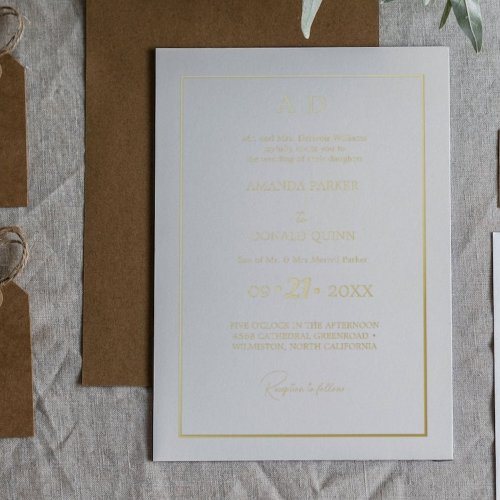Elegant and Romantic ivory  Gold Monogram Wedding Foil Invitation