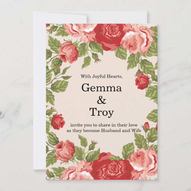 Elegant and romantic,  red roses  wedding invitation (Front)