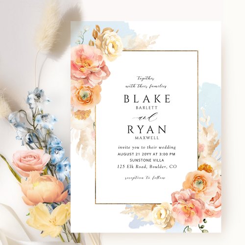 Elegant and Simple Blue Peach and Blush Wedding Invitation