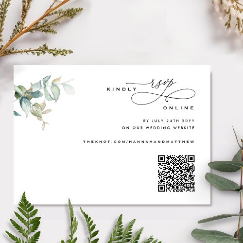 Elegant and Simple Greenery Wedding QR Code RSVP Enclosure Card
