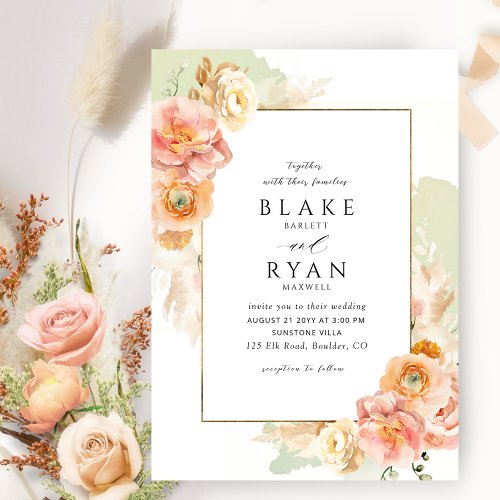 Elegant and Simple Peach Blush and Green Wedding  Invitation