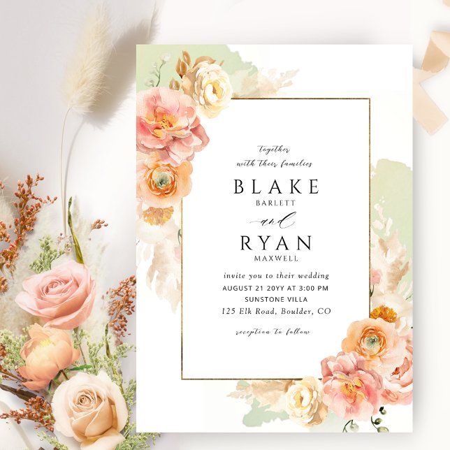 Elegant and Simple Peach, Blush and Green Wedding  Invitation (Creator Uploaded)