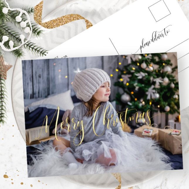 Elegant and Simple Real Foil Photo Merry Christmas Foil Holiday Postcard (Creator Uploaded)