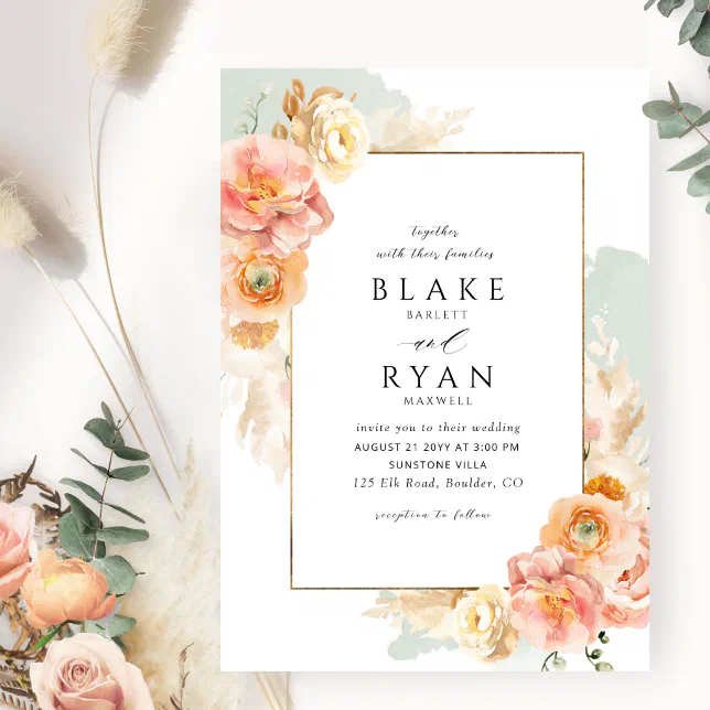 Elegant and Simple Sage, Peach and Blush Wedding Invitation | Zazzle