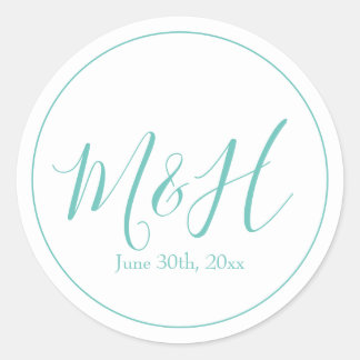 Elegant and Simple Teal Monogram Wedding Classic Round Sticker