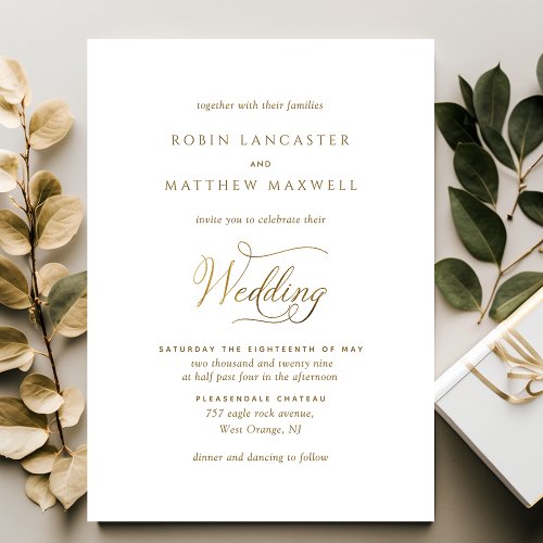 Elegant and Simple White and Gold Wedding Invitation