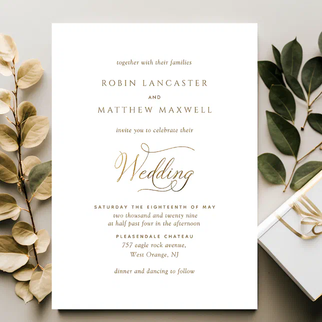Elegant and Simple White and Gold Wedding Invitation | Zazzle