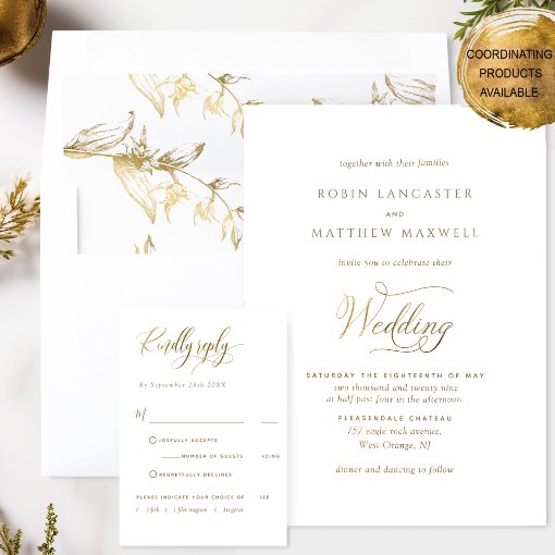 Elegant and Simple White and Gold Wedding Invitation | Zazzle