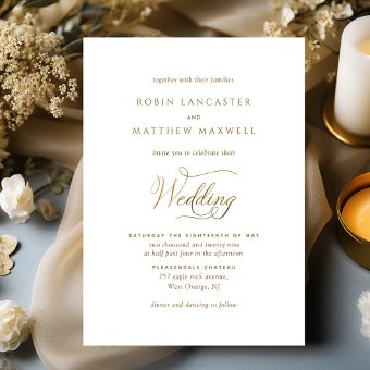 Elegant and Simple White and Gold Wedding Invitation | Zazzle