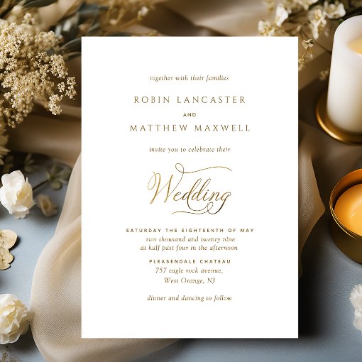 Elegant and Simple White and Gold Wedding Invitation | Zazzle