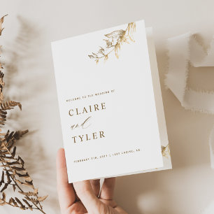 Elegant and Simple, White and Gold Wedding Program