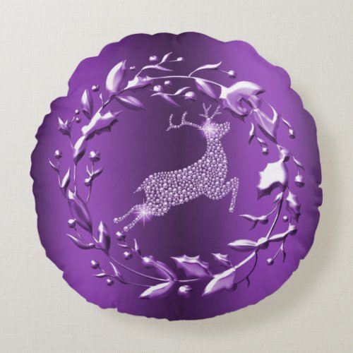 Elegant and Stylish Purple Reindeer Christmas Round Pillow