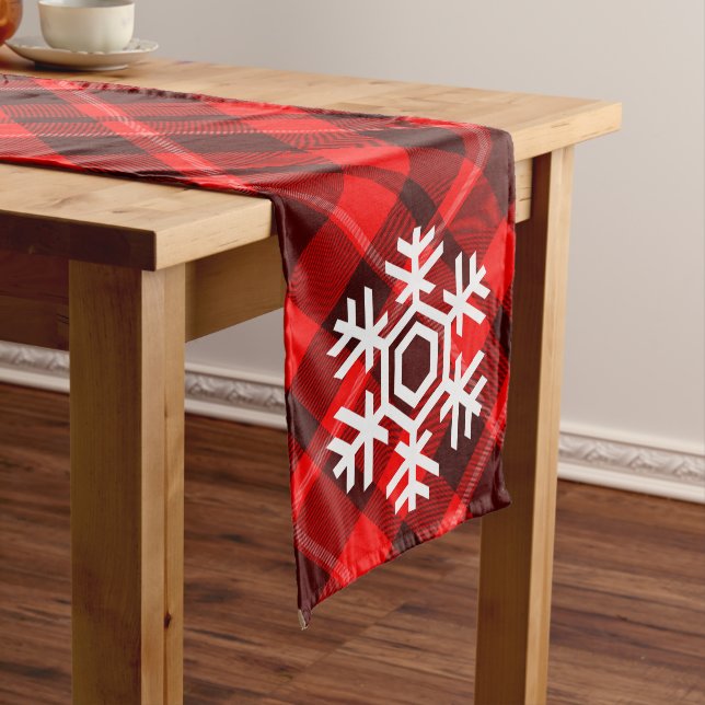 Elegant and Stylish Snowflake Red Tartan Christmas Long Table Runner (In Situ)