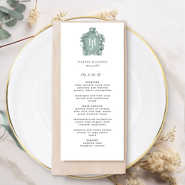 Elegant and Timeless Green Monogram Wedding Menu (Creator Uploaded)