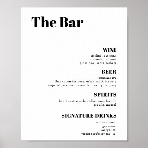 Elegant and trendy Wedding Drinks Bar Menu Poster | Zazzle