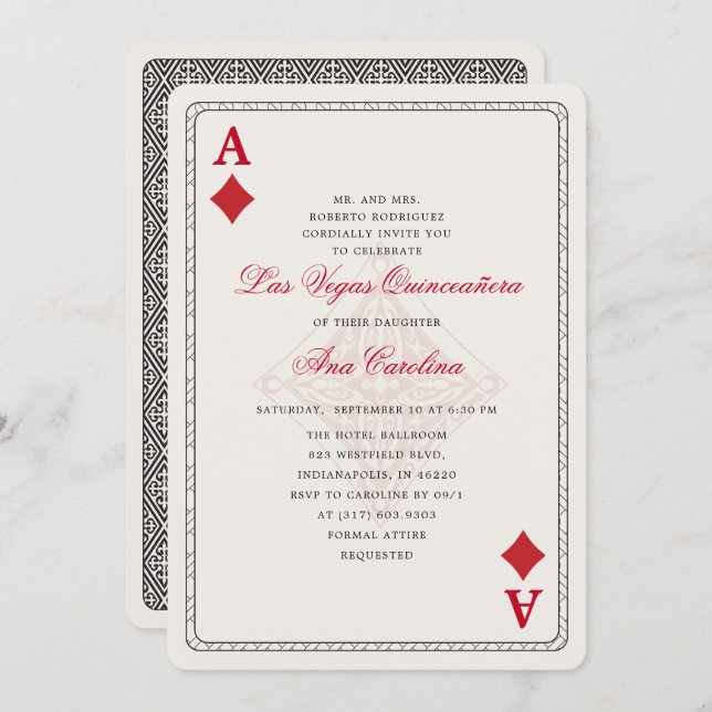 Elegant and Unique Red Las Vegas Quinceañera Invitation (Front/Back)