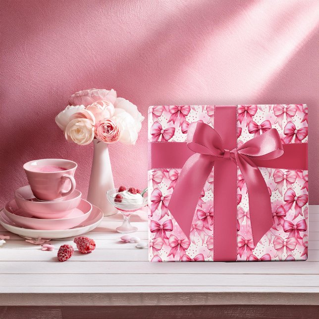 Elegant and Whimsical Pink Coquette Bows Ribbons Wrapping Paper (Elegant and Whimsical Pink Coquette Bows and Ribbons with Pink Polka Dots Wrapping Paper)