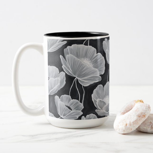 Elegant and Whimsical Poppies Two-Tone Coffee Mug (With Donut)