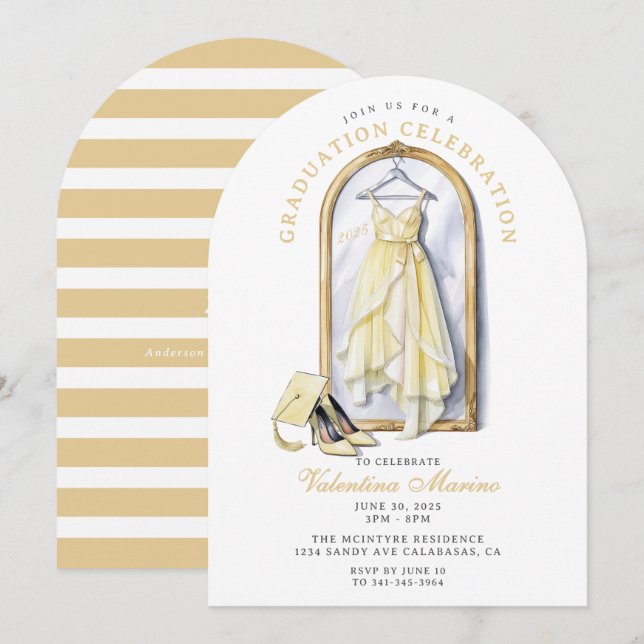 Elegant and Whimsical Yellow  Dress Graduation   Invitation (Front/Back)