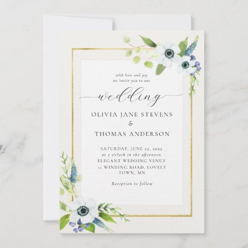 Elegant Anemone Blue Gold Floral Frame Wedding Invitation