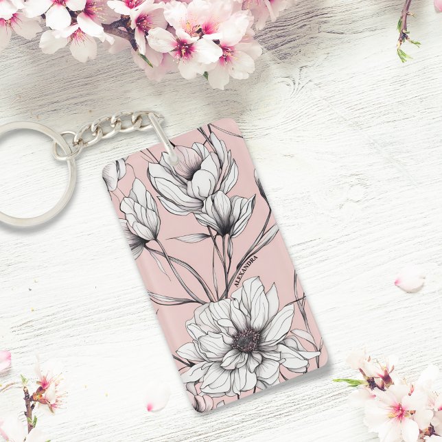 Elegant Anemone Floral Custom Name  Keychain (Creator Uploaded)