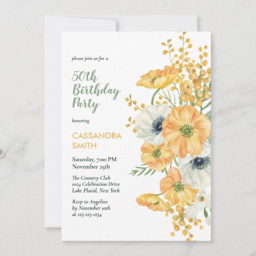 Elegant Anemone Floral Orange  White Birthday  Invitation