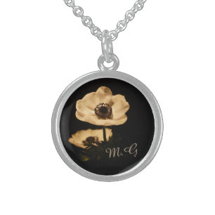 Elegant Anemone Flower Black Monogram Sterling Silver Necklace