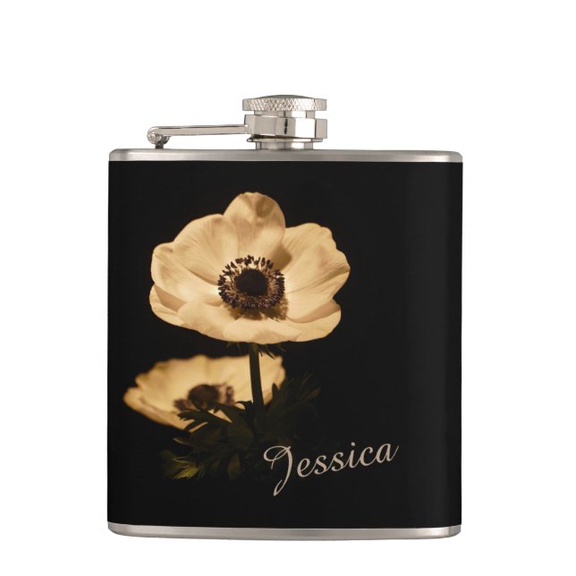 Elegant Anemone Flower Black Personalised Flask (Front)