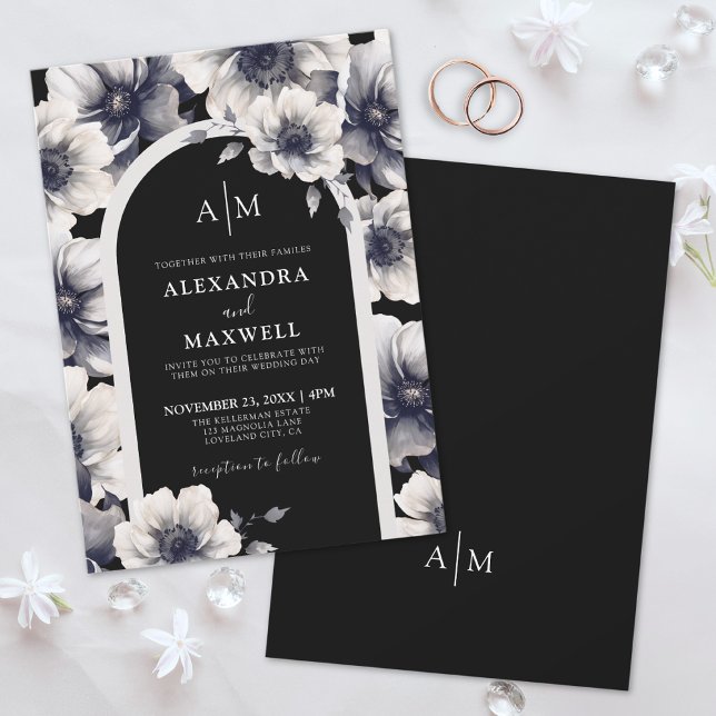 Elegant Anemone White Black Floral Wedding Invitation (Elegant Anemone White Black Floral Wedding Invitation)