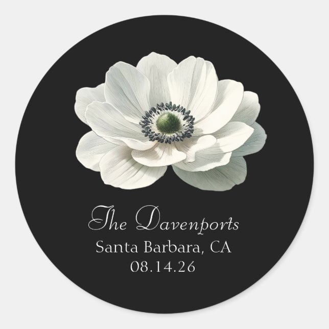 Elegant Anenome Flower Wedding Black & White Classic Round Sticker (Front)