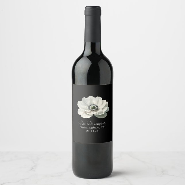 Elegant Anenome Flower Wedding Black & White Wine Label (Front)