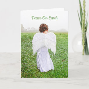 Elegant Angel Peace On Earth White Green Holiday Card