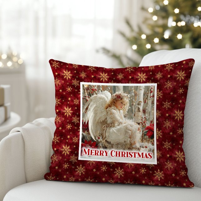 Elegant Angel Poinsettia Red Gold Best Christmas  Throw Pillow (Elegant Angel Poinsettia Red Gold Best Christmas Pillow

)