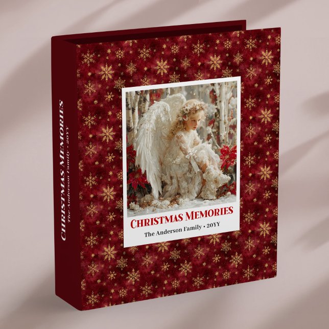 Elegant Angel Red Gold Editable Christmas Memory  3 Ring Binder (Elegant Angel Red Gold Editable Christmas Memory Album)