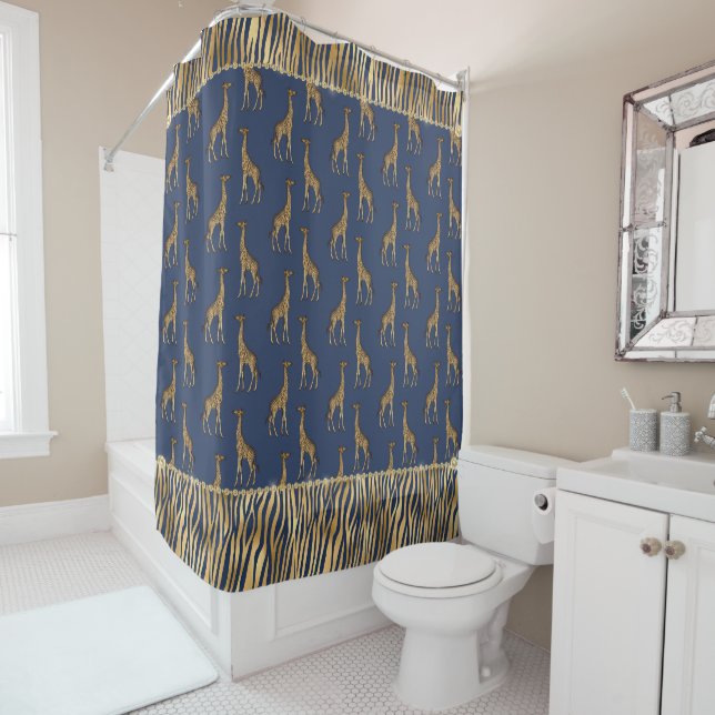 Elegant Animal Print Blue Gold Rhinestones Chic Shower Curtain (In Situ)