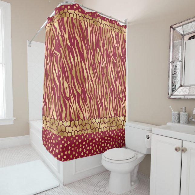 Elegant Animal Print Burgundy Gold Chic Glam Shower Curtain (In Situ)