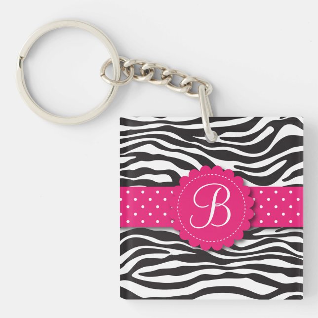Elegant Animal Print Zebra Monogram Girly Pink Keychain (Front)