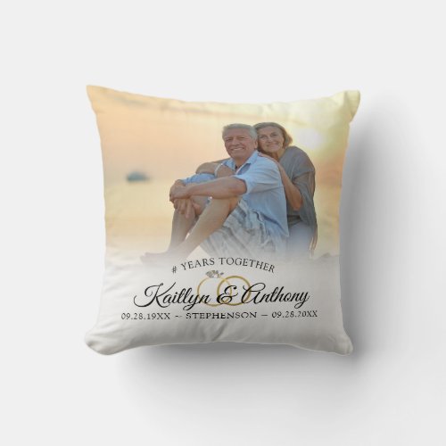 Elegant Anniversary 2 Photo Calligraphy Script Throw Pillow - Create an elegant commemorative wedding anniversary keepsake throw pillow featuring one or two photos of the couple and personalized with your custom text (the sample says # YEARS TOGETHER), an elegant calligraphy script font for the couple's names accented with gold wedding rings and their wedding date and anniversary date. Makes a meaningful anniversary or holiday gift for the couple celebrating a special or milestone anniversary. ASSISTANCE:  For help with design modifications, personalization or transferring the design to another product, contact the designer BEFORE ORDERING via Zazzle Chat or makeitaboutyoustore@gmail.com.