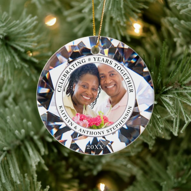 Elegant Anniversary Any Year 2 Photos Diamond Ceramic Ornament (Tree)