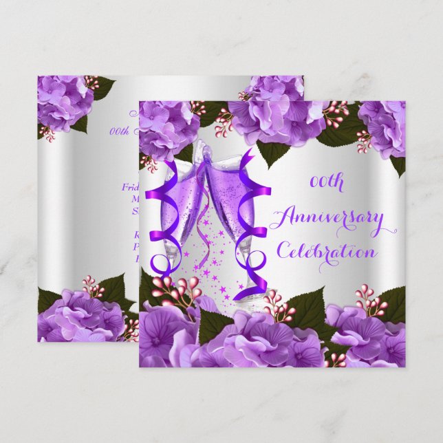 Elegant Anniversary Party Purple Flowers Invitation (Front/Back)