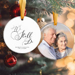 Elegant Anniversary Vow Renewal Photo Christmas Ceramic Ornament<br><div class="desc">Elegant Wedding Anniversary Vow Renewal Photo Christmas Ornament with elegant script typography in modern,  classic black and white. Easily add your own photo and details for a stunning keepsake!</div>