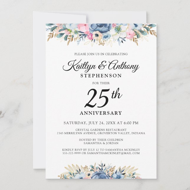 Elegant Anniversary Watercolor Floral Blue Gold Invitation (Front)