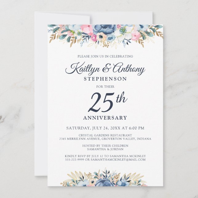 Elegant Anniversary Watercolor Floral Blue Gold Invitation (Front)