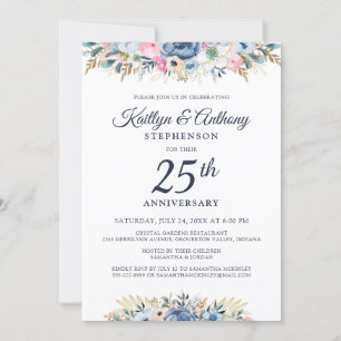 Elegant Anniversary Watercolor Floral Blue Gold Invitation