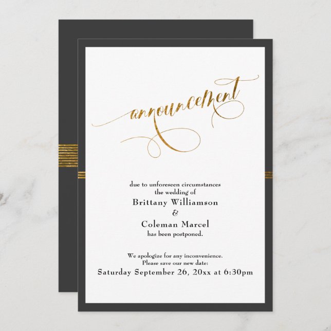Elegant Announcement Dark Gray & Gold Stripe Card (Front/Back)